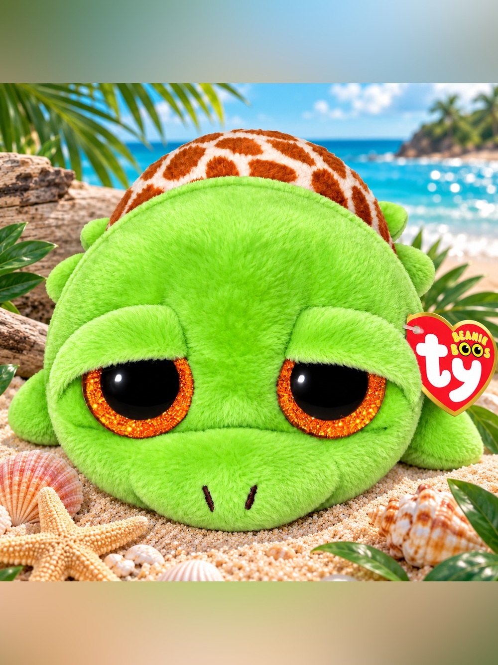 Ty Green Turtle Plush with Orange Glitter Eyes